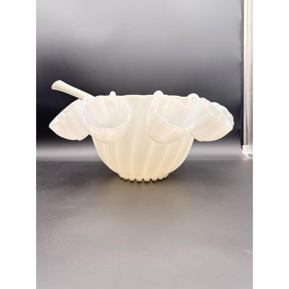 VTG 12pc Opaque Milky White Punch Bowl & Hanging Cups Set by Hazel-Atlas Glass
